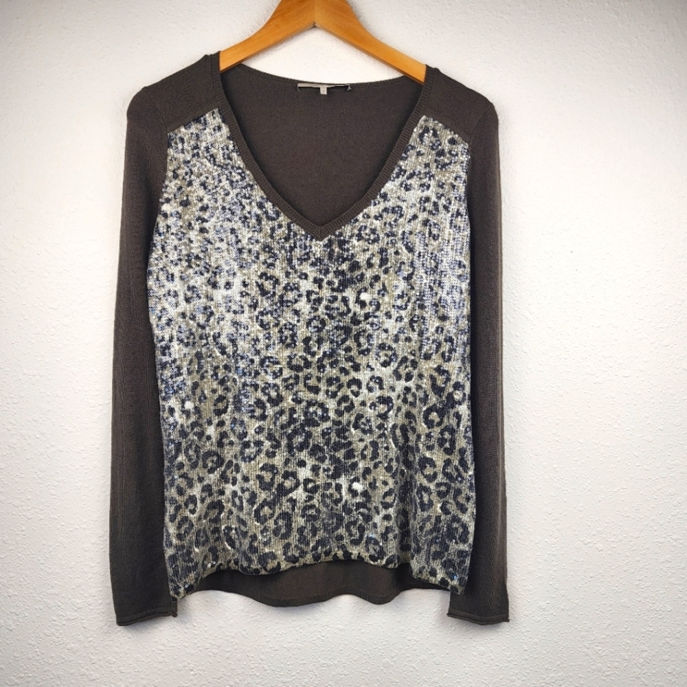 Gerard Darel Sequin Sparkle Long Sleeve Leopard Print V-neck Size 1 (S / M)